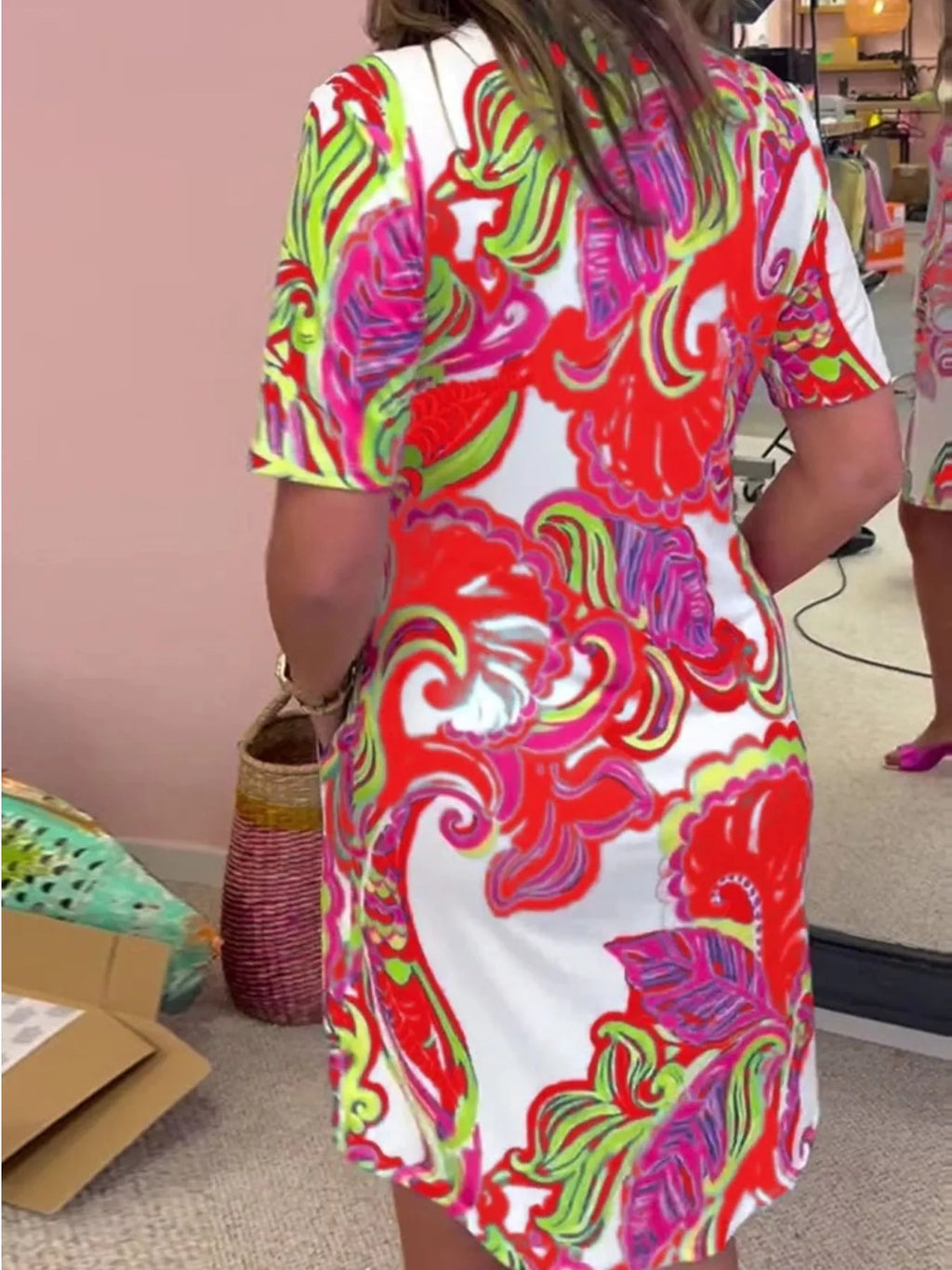 Full Size Vibrant Paisley Print Short Sleeve Shift Dress Plus Size