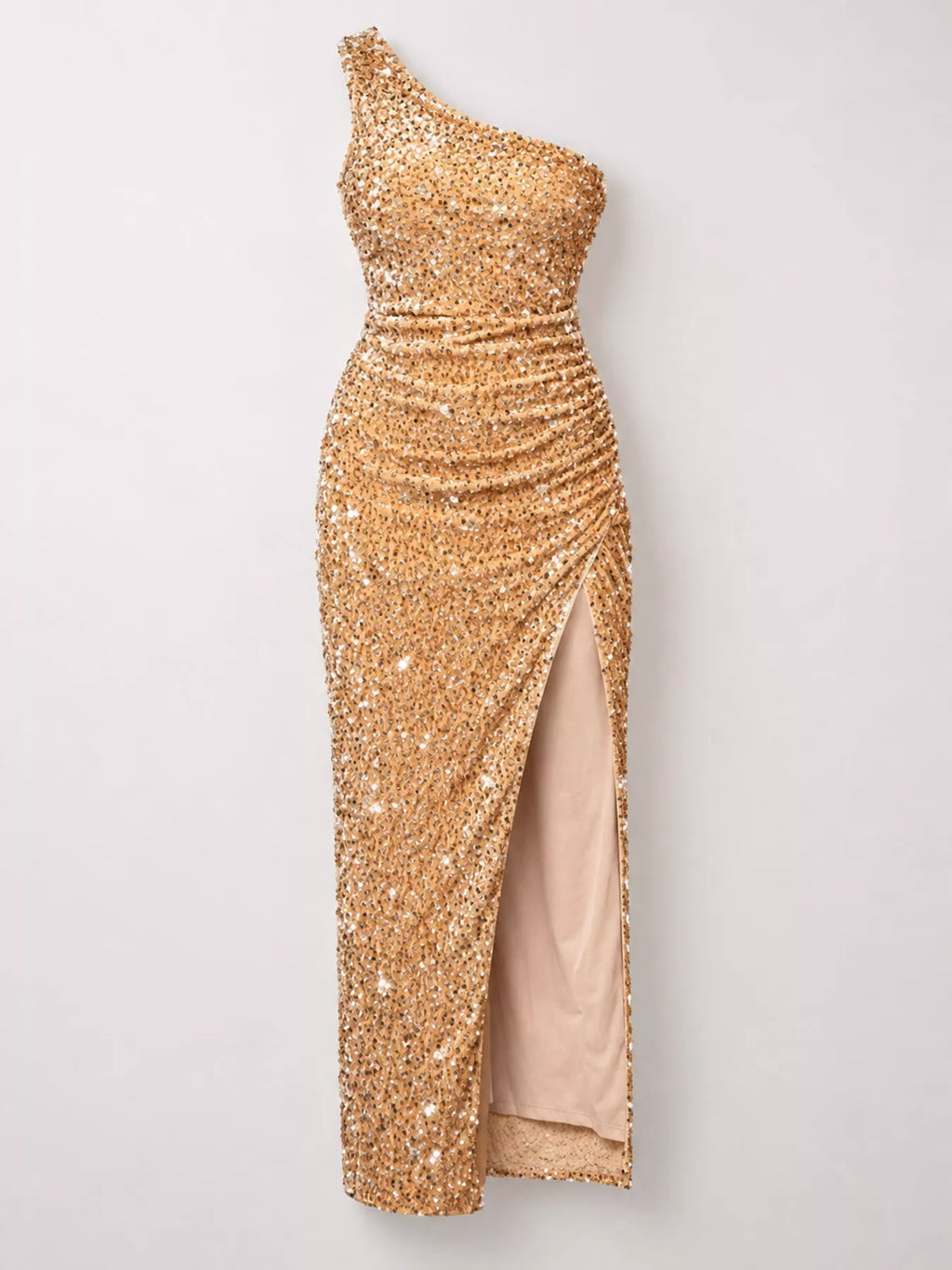 One-Shoulder Ruched Sequin High-Slit Evening Dress