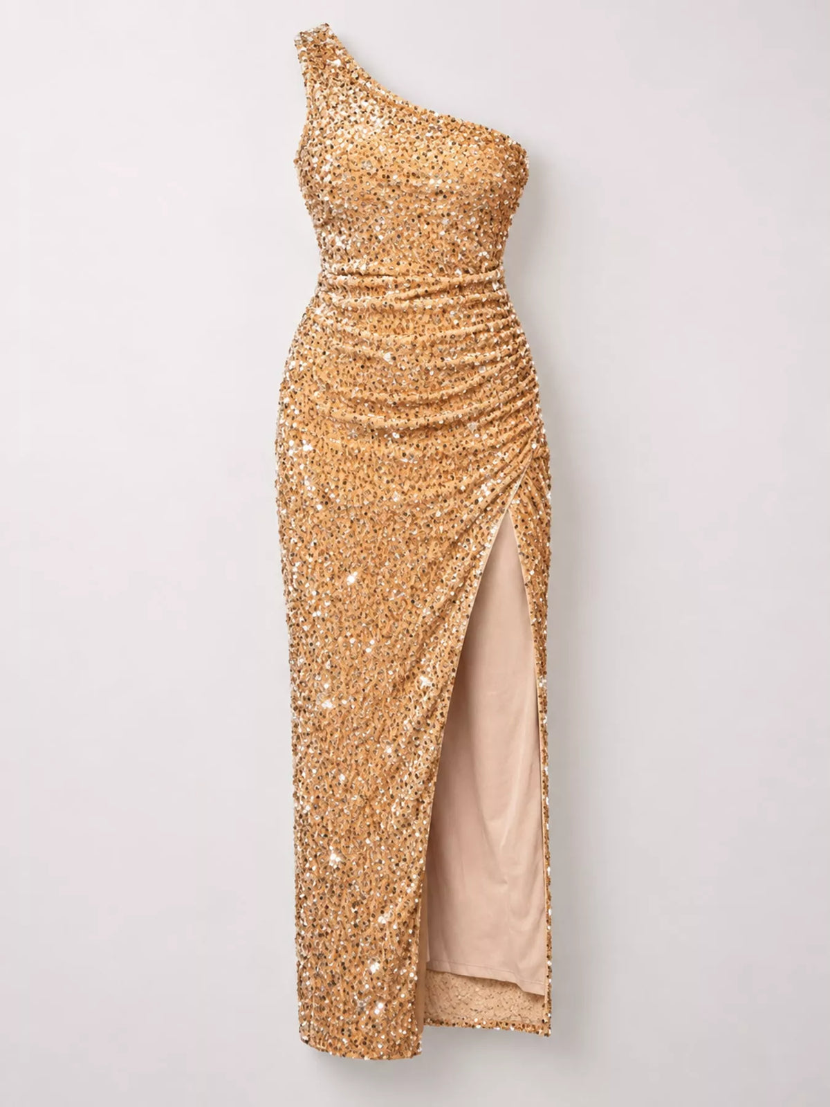One-Shoulder Ruched Sequin High-Slit Evening Dress