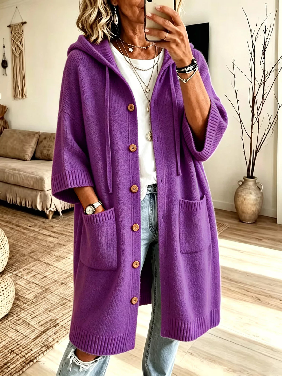 Hooded Button-Down Knit Cardigan with Pockets