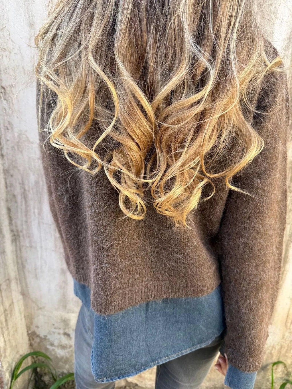 Contrast Denim Collar Half-Zip Knit Sweater