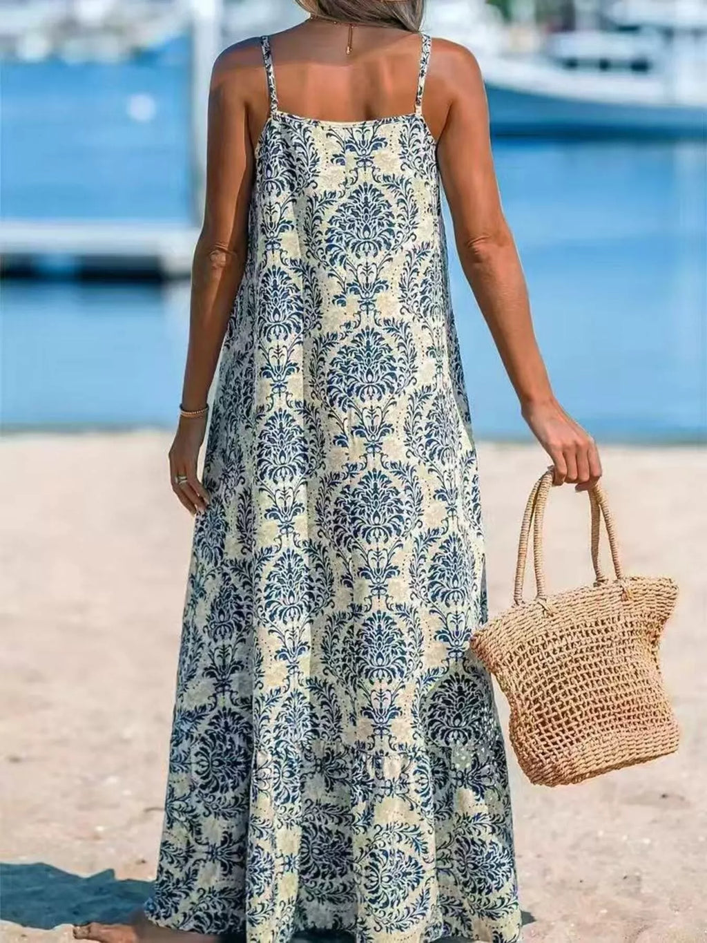 Plus Size Bohemian Spaghetti Strap Damask Print Maxi Beach Dress