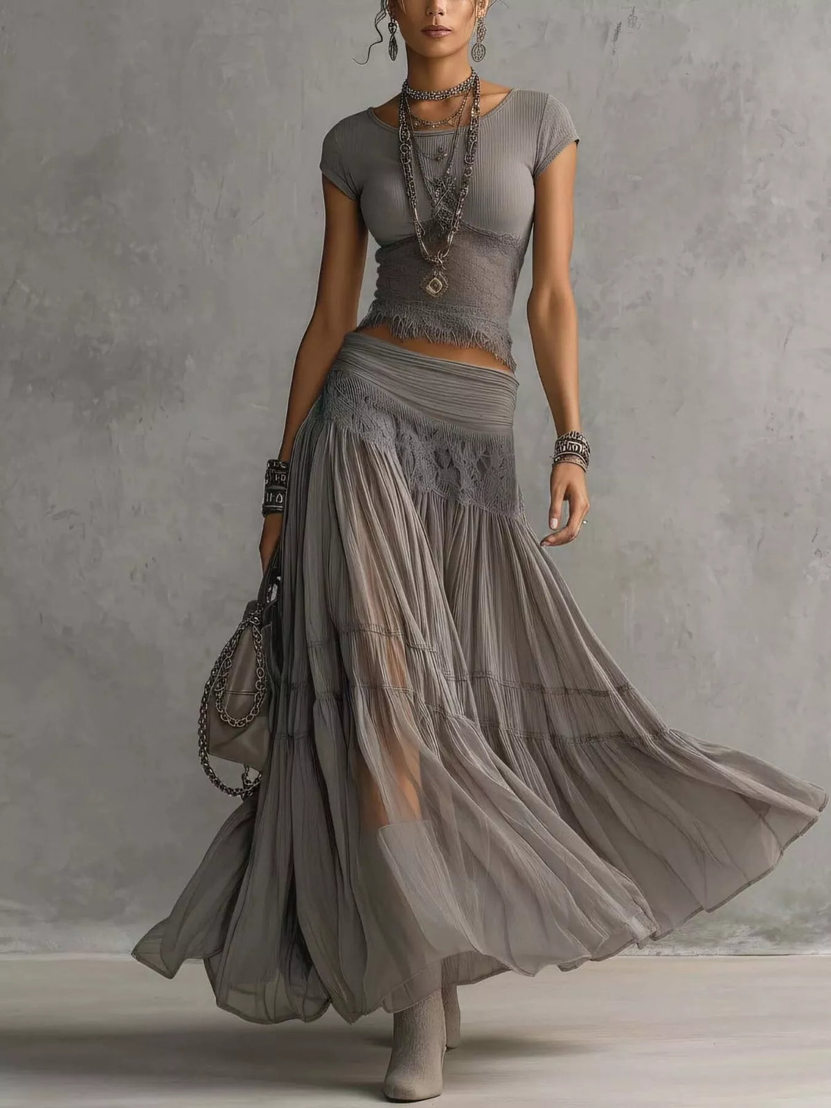 Lace Slim Fit Top and Maxi Skirt Set