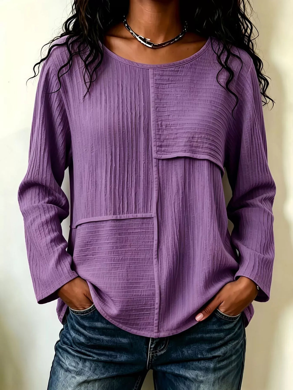 Textured Patchwork Long Sleeve Casual T-Shirt