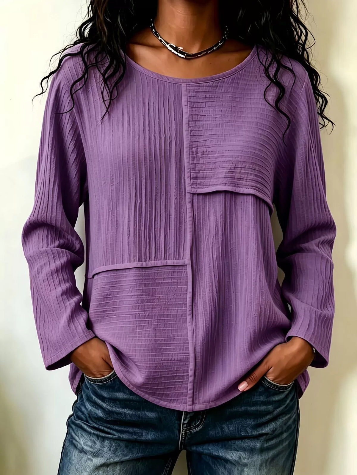 Textured Patchwork Long Sleeve Casual T-Shirt