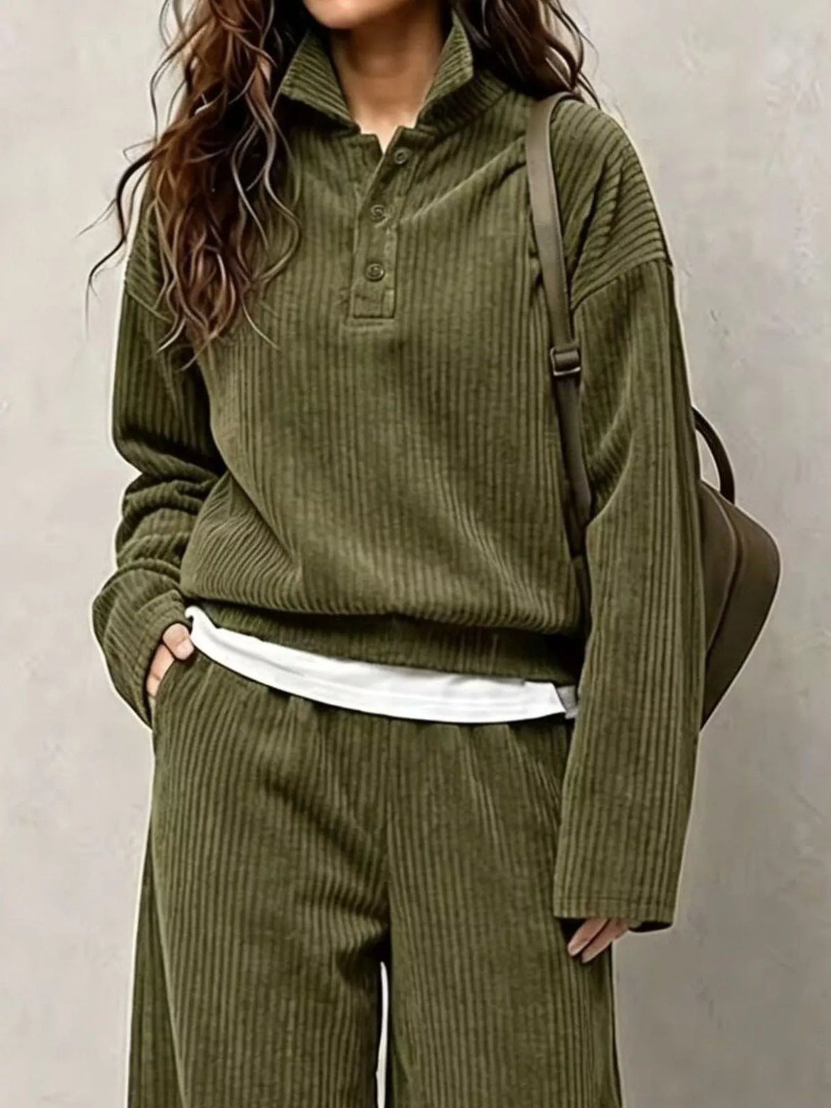 Corduroy Button Detail Top and Wide-Leg Pants Set