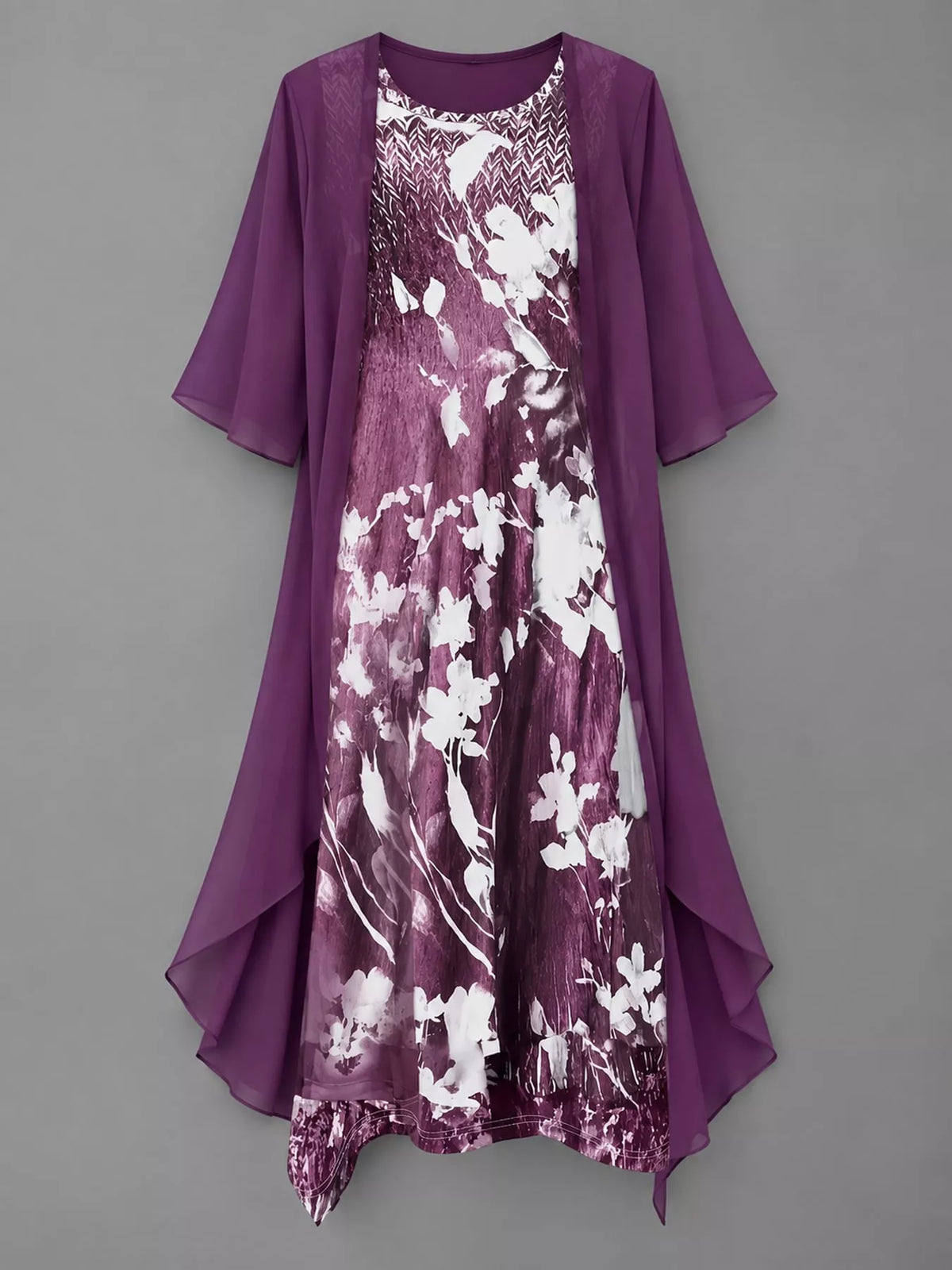 Full Size Floral Print Midi Dress and Chiffon Cardigan Set Plus Size
