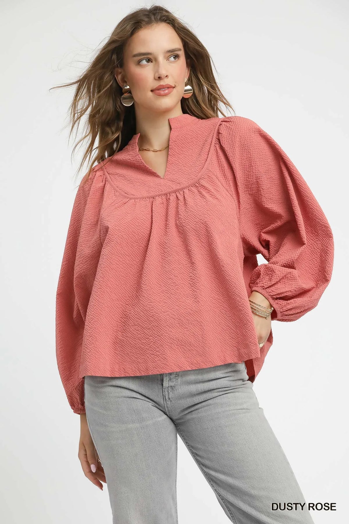 Umgee Textured Notched Blouse with Balloon Sleeves