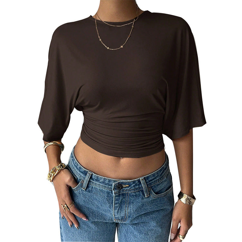 Women's Solid-Color Cropped Mid-sleeve T-shirt Short Fitted Top