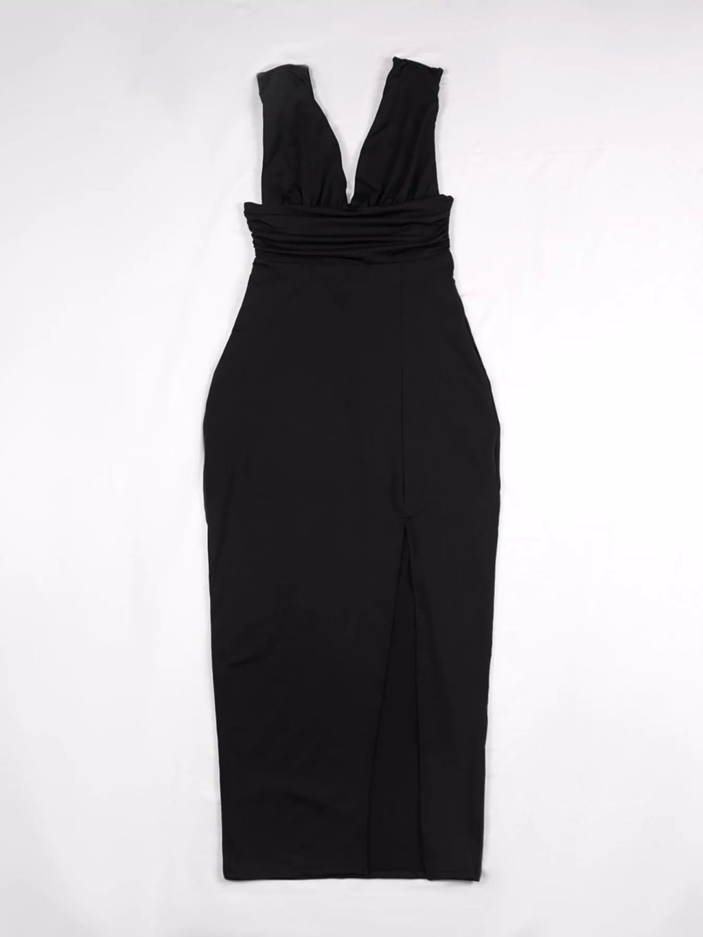 Sleeveless Deep V-Neck Ruched High Slit Bodycon Dress