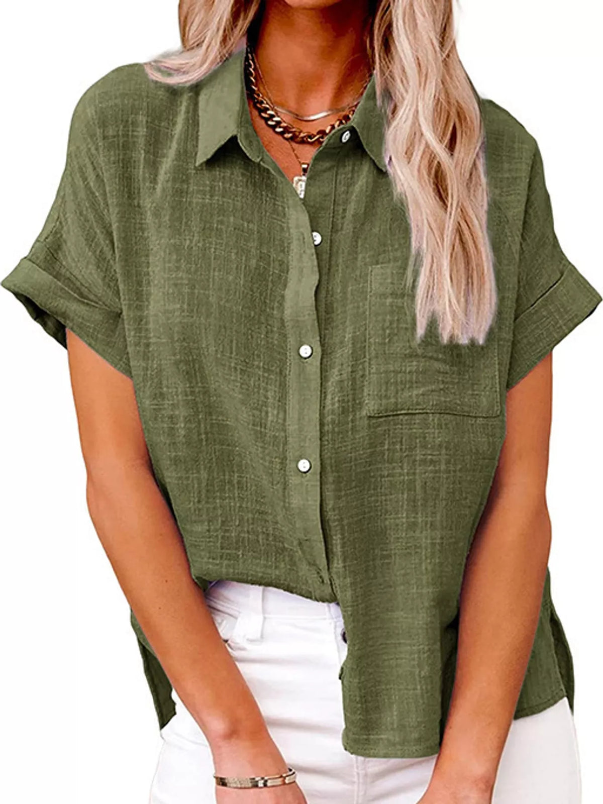 Full Size Button Up Short Sleeve Shirt Plus Size
