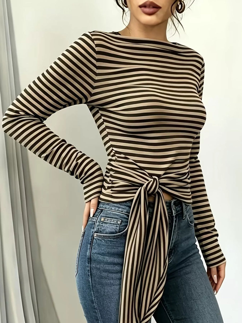 Long Sleeve Striped T-Shirt with Front Tie Detail