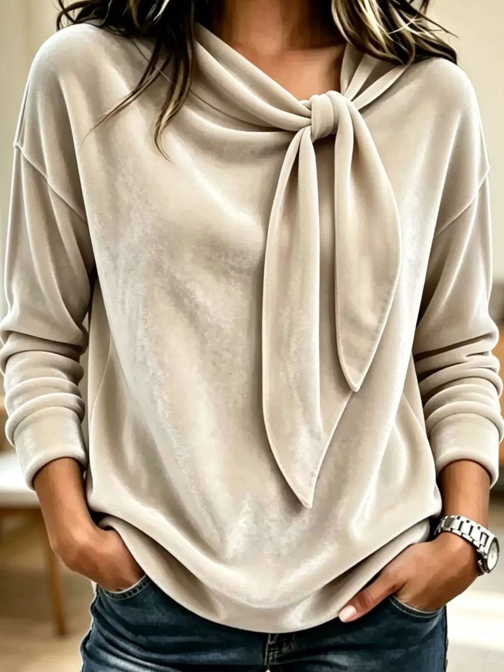 Velvet Tie Front Long Sleeve Sweatshirt