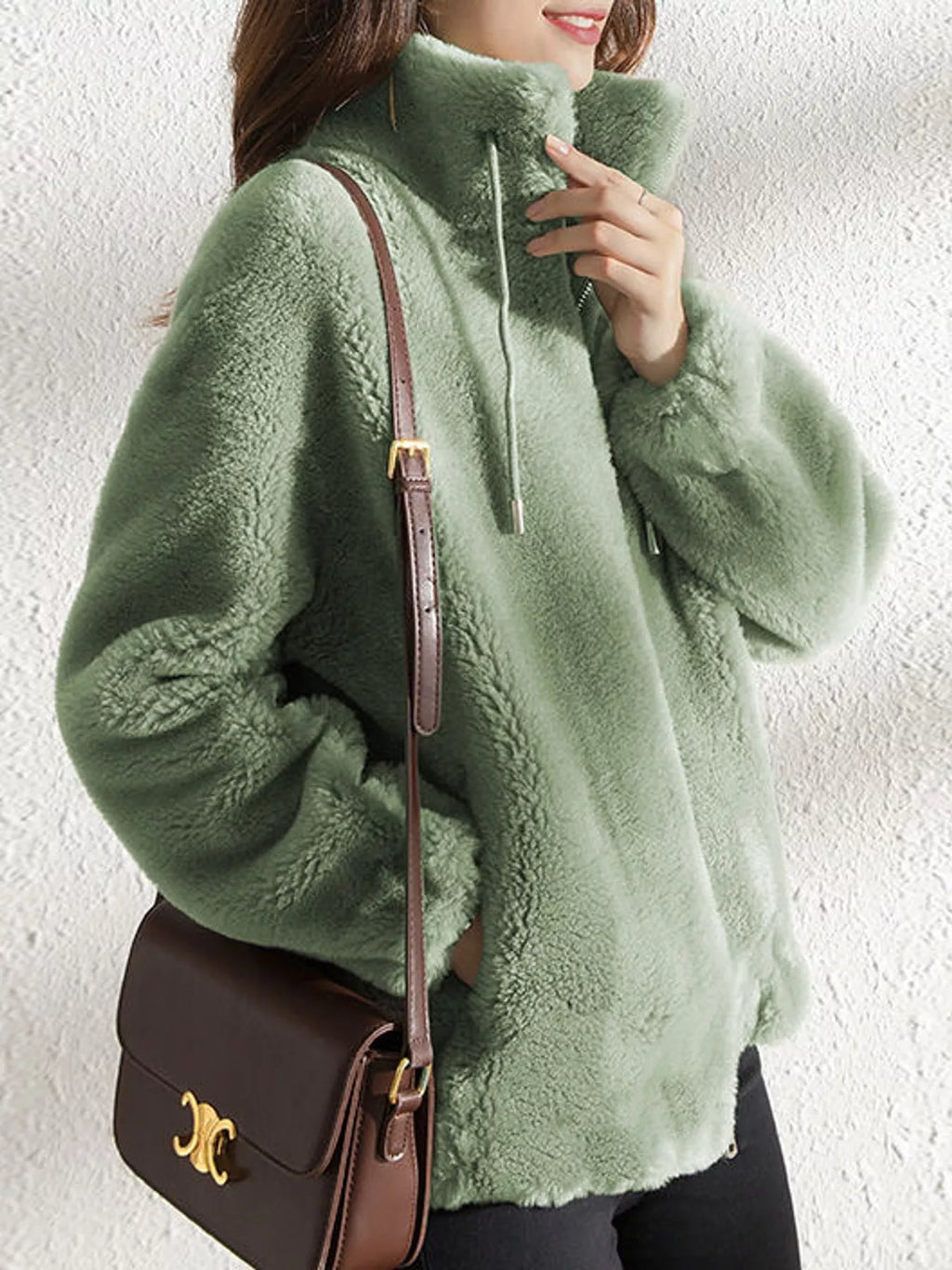 Full Size Drawstring Faux Fur Stand-Collar Zip-Up Outerwear Plus Size