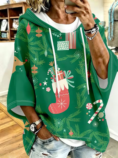Womens Retro-Print Hoodie With Drawstring And Three-Quarter Sleeves