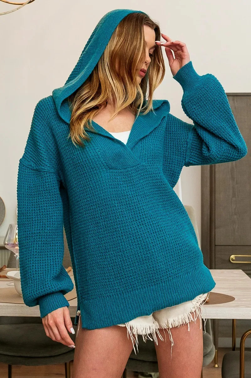 V-Neck Pullover Hoodie with Raw Edge Detail