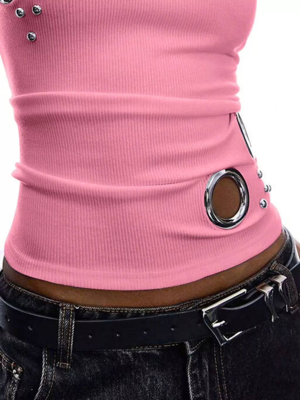 Ribbed Tank Top with Metal Grommet Cutouts and Stud Embellishments