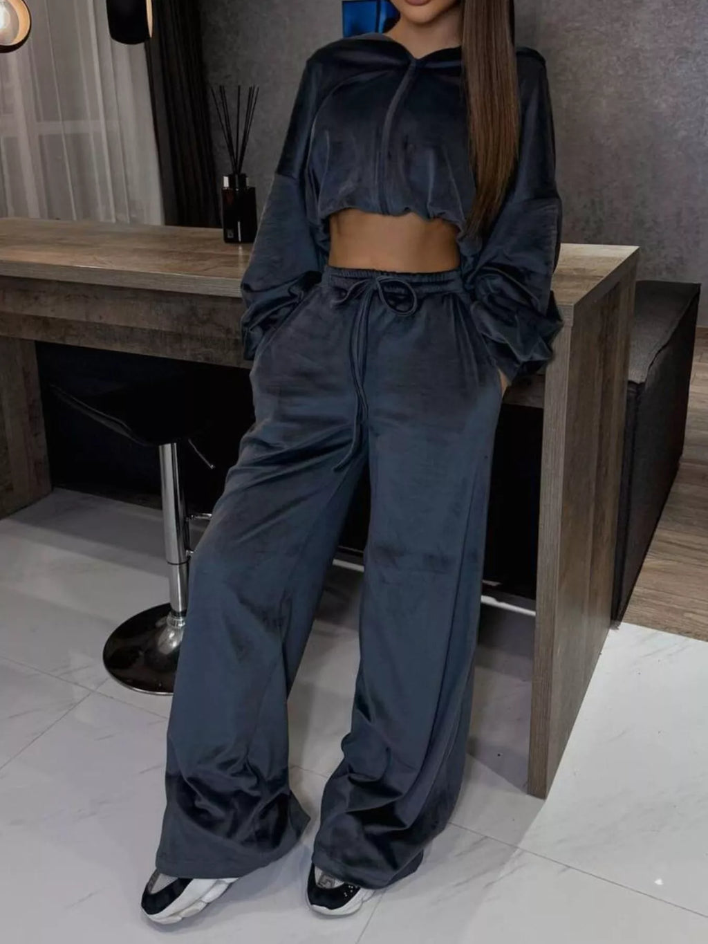 Zip Up Hoodie and Wide-Leg Pants Set