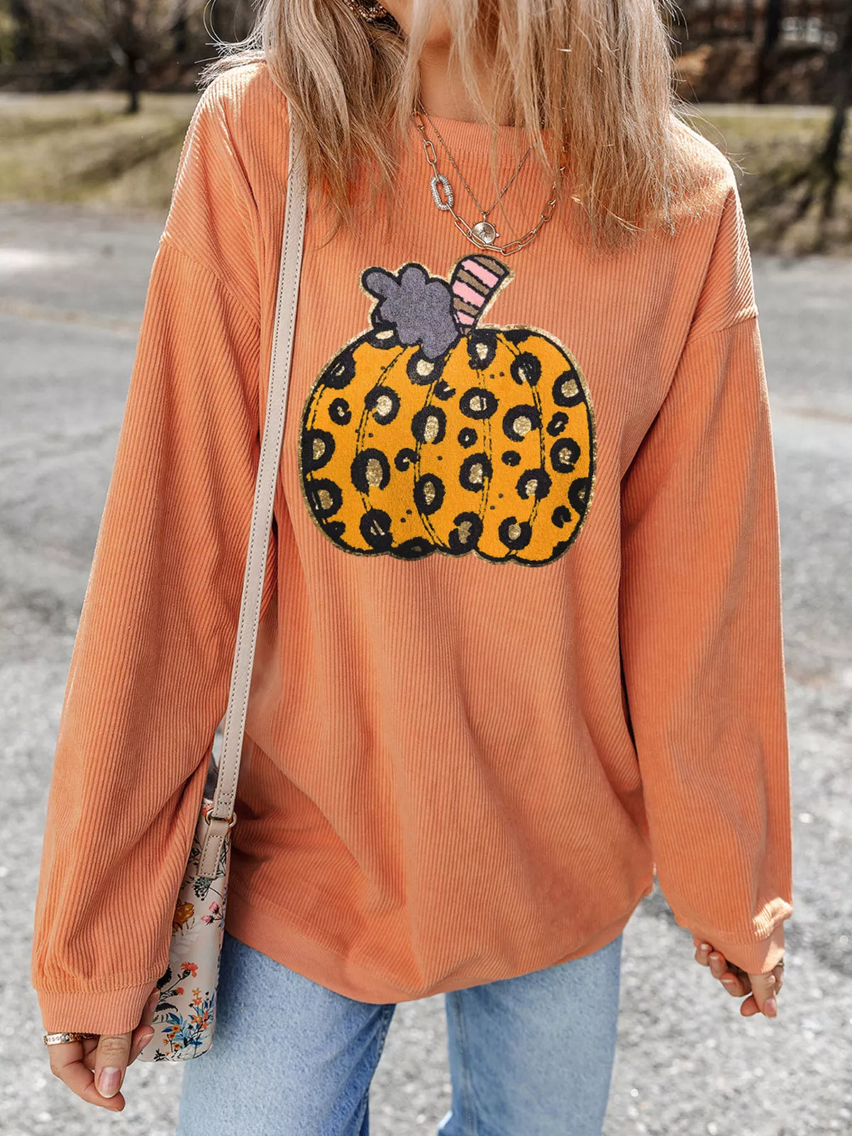 Halloween Leopard Pumpkin Patchwork Ribbed Sweatshirt