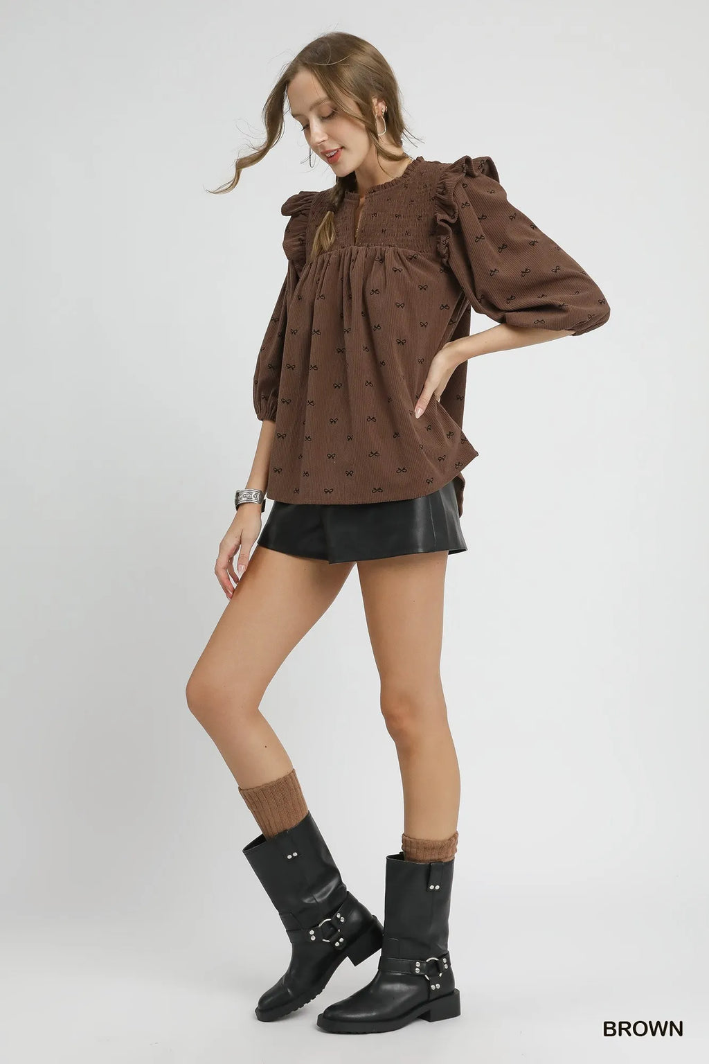 Umgee Bow Print Corduroy Puff Sleeve Blouse with Ruffled