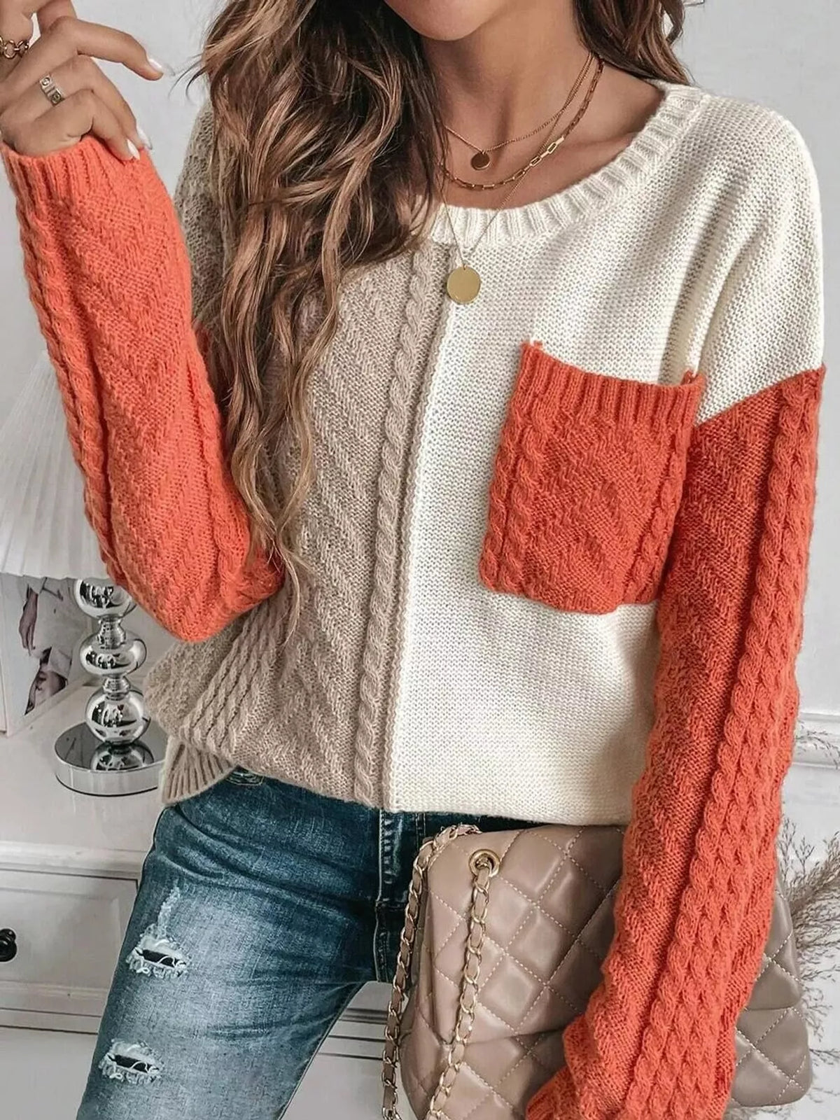 Color Block Cable Knit Sweater