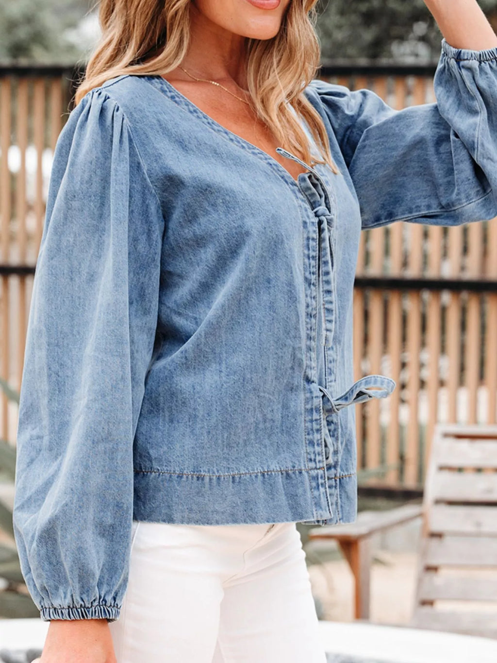 Tied Front Puff Sleeve Denim Top