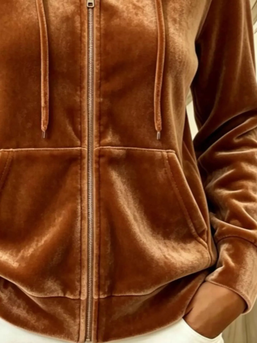 Full Size Velvet Zip-Up Outerwear with Drawstring Plus Size