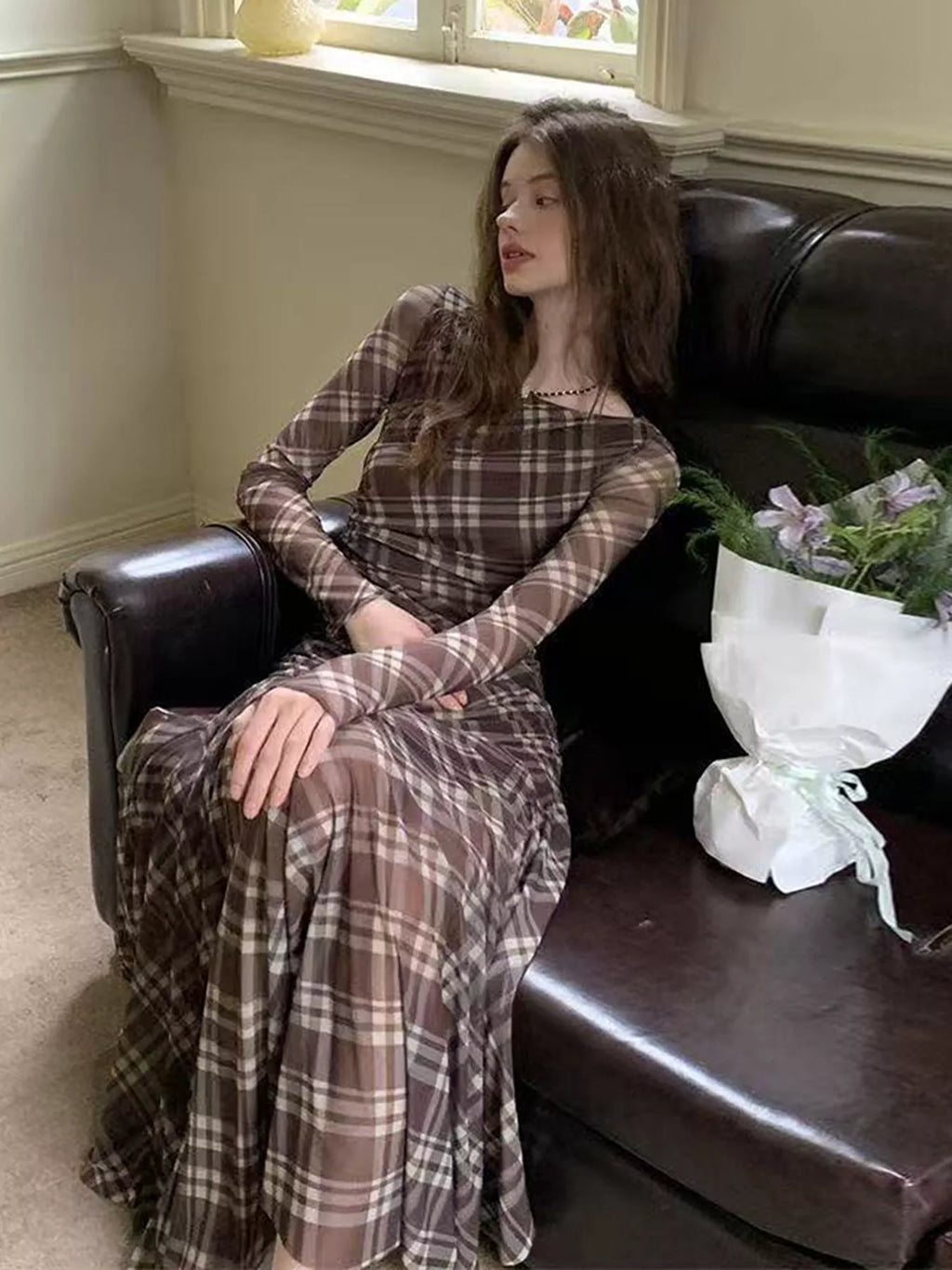 Plaid Long-Sleeve Slim-Fit Maxi Dress