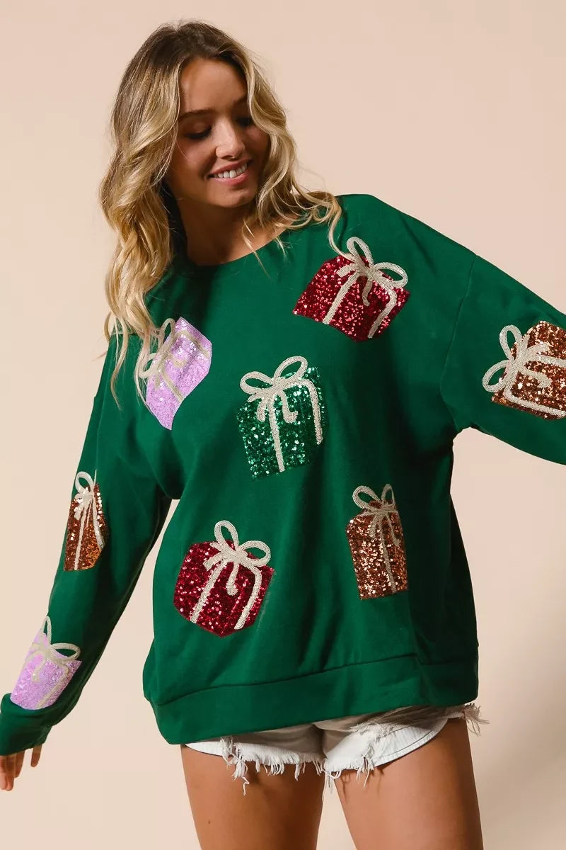 BiBi Sequin Christmas Gift Box Embroideries Pullover