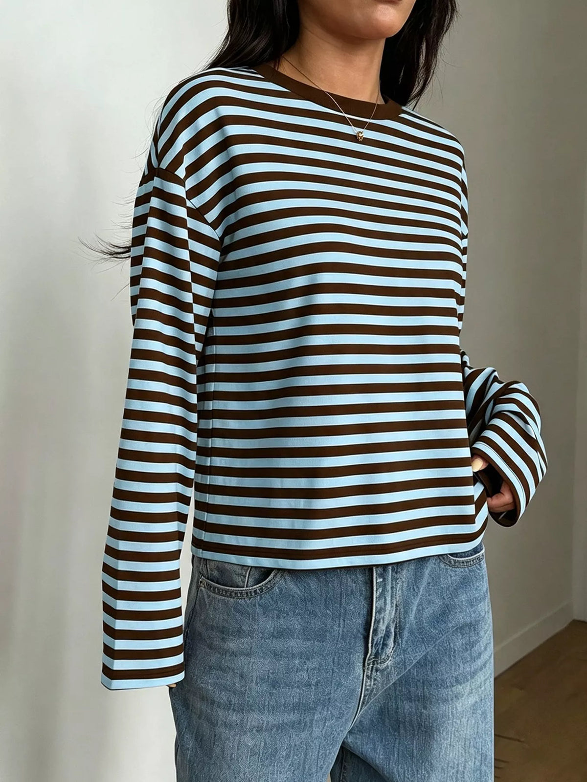 Full Size Casual Long-Sleeve Striped Crew Neck T-Shirt Plus Size