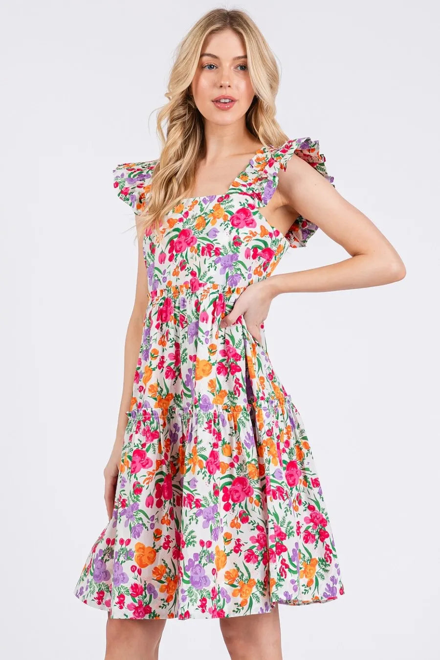 Floral Print Ruffle Shoulder A-Line Mini Dress