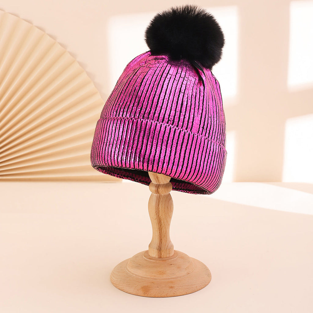 Colorful Stamped Gold Large Wooly Ball Knitted Hood For Autumn Winter With Vertical Stripes And Flared Edges  Warm And Stylish Knitted Hat