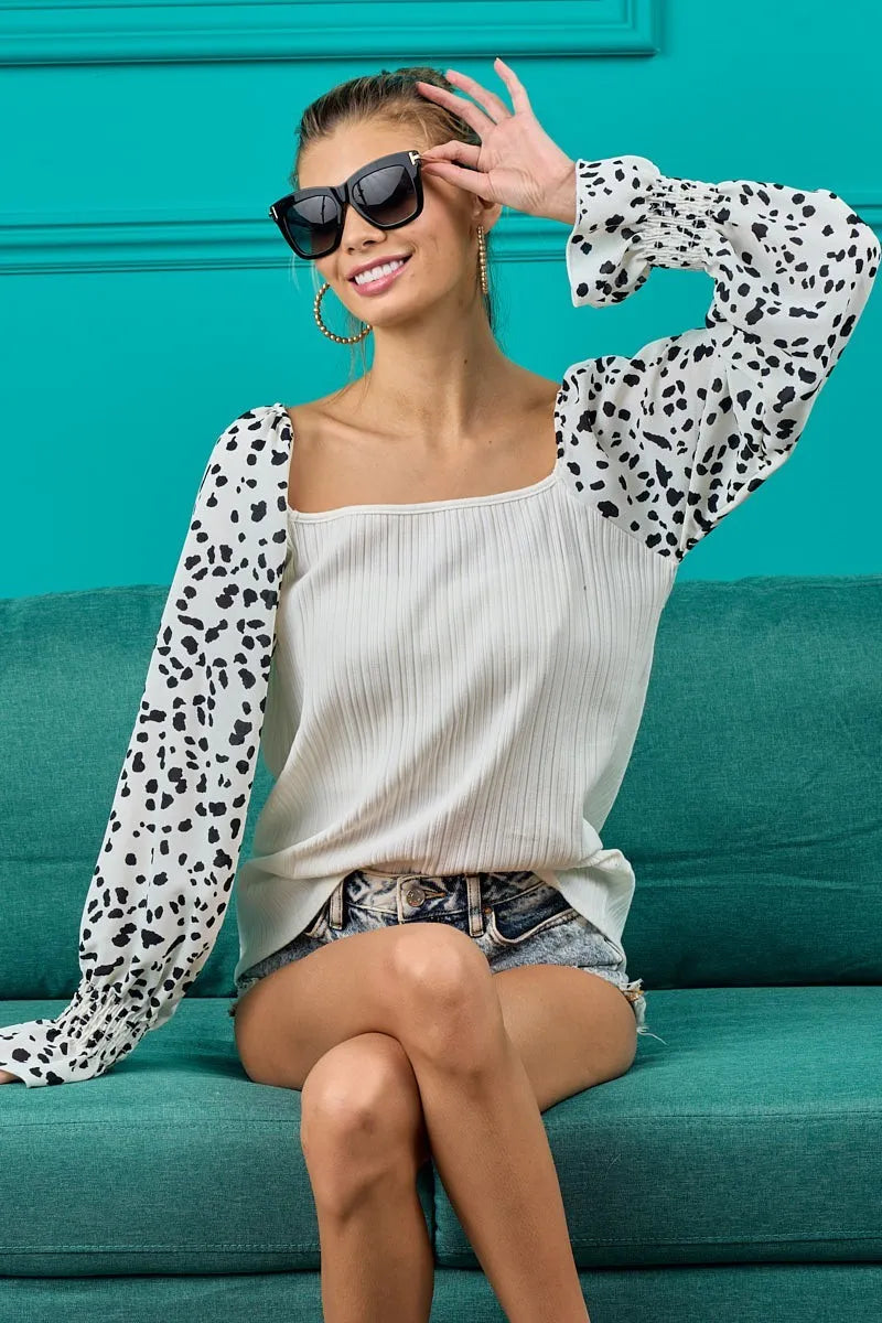 BiBi Ribbed Top with Leopard Long Sleeves