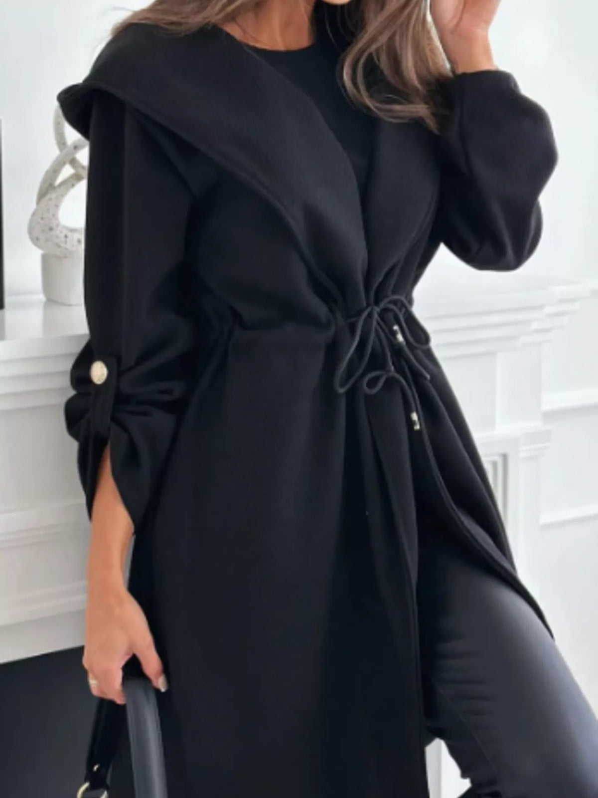Full Size Hooded Drawstring Waist Casual Outerwear Plus Size