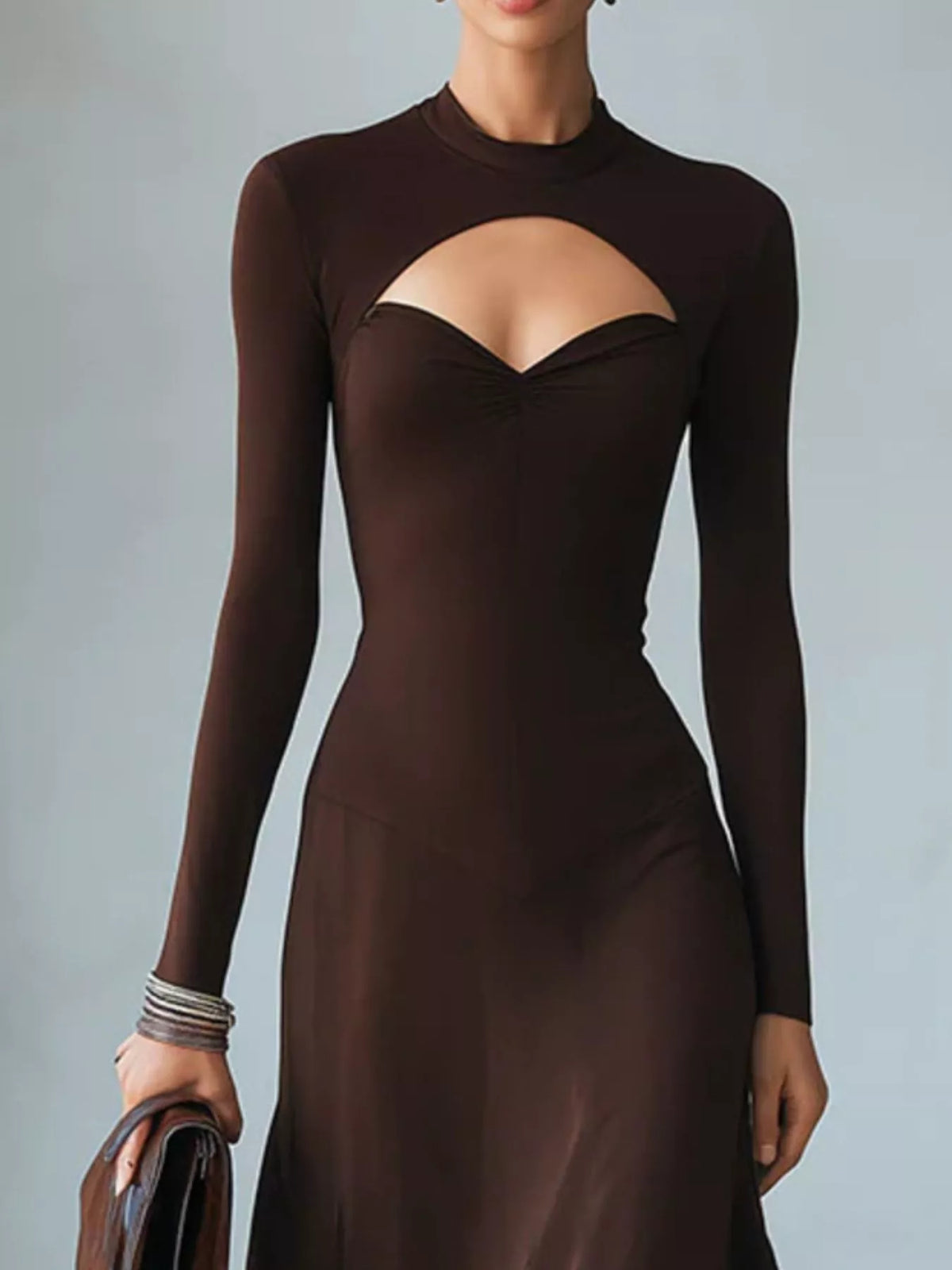 Full Size Mock Neck Cut-Out Long Sleeve Midi Dress Plus Size