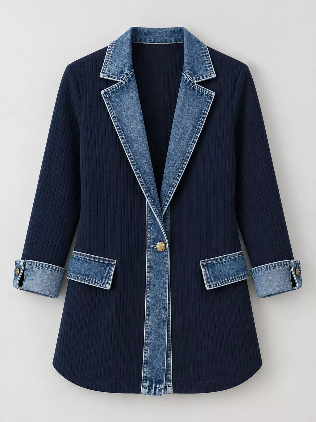 Full Size Denim Trim Ribbed Knit Cardigan Plus Size