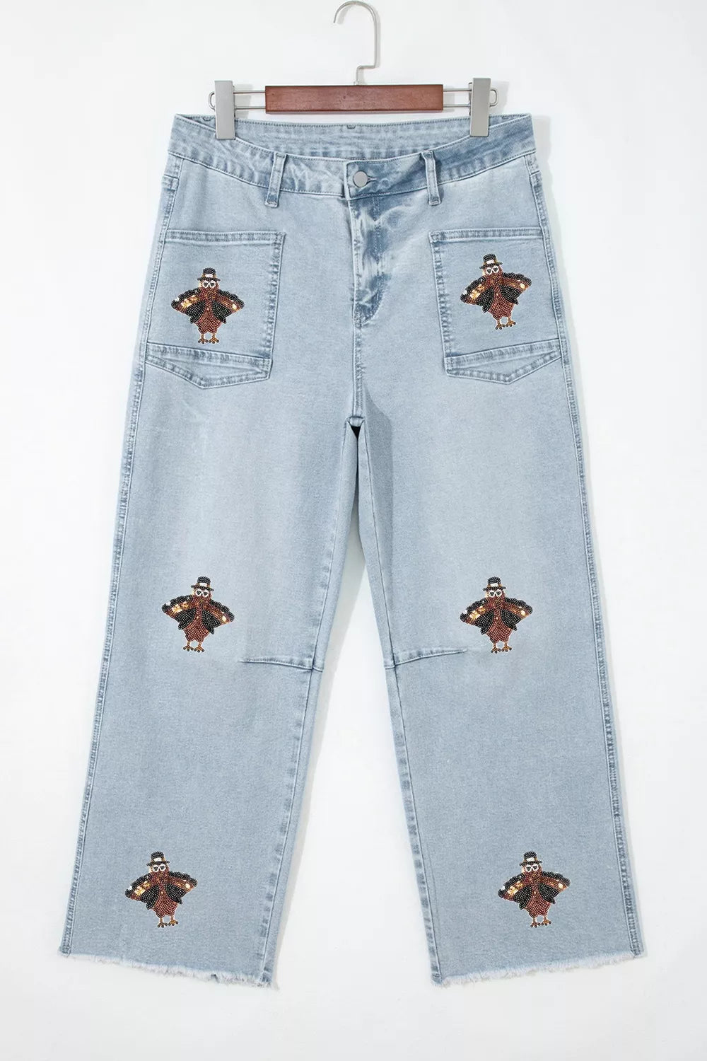 Sequin Turkey Patch Pocket Raw Hem Ankle Length Jeans