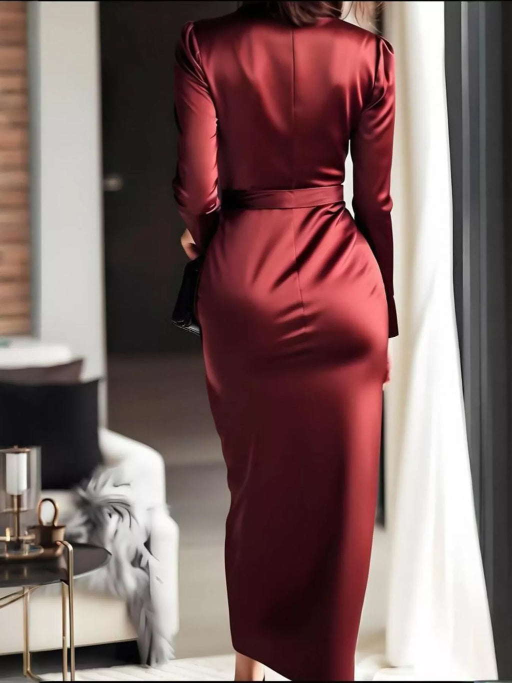 Surplice Satin Long Sleeve Dress