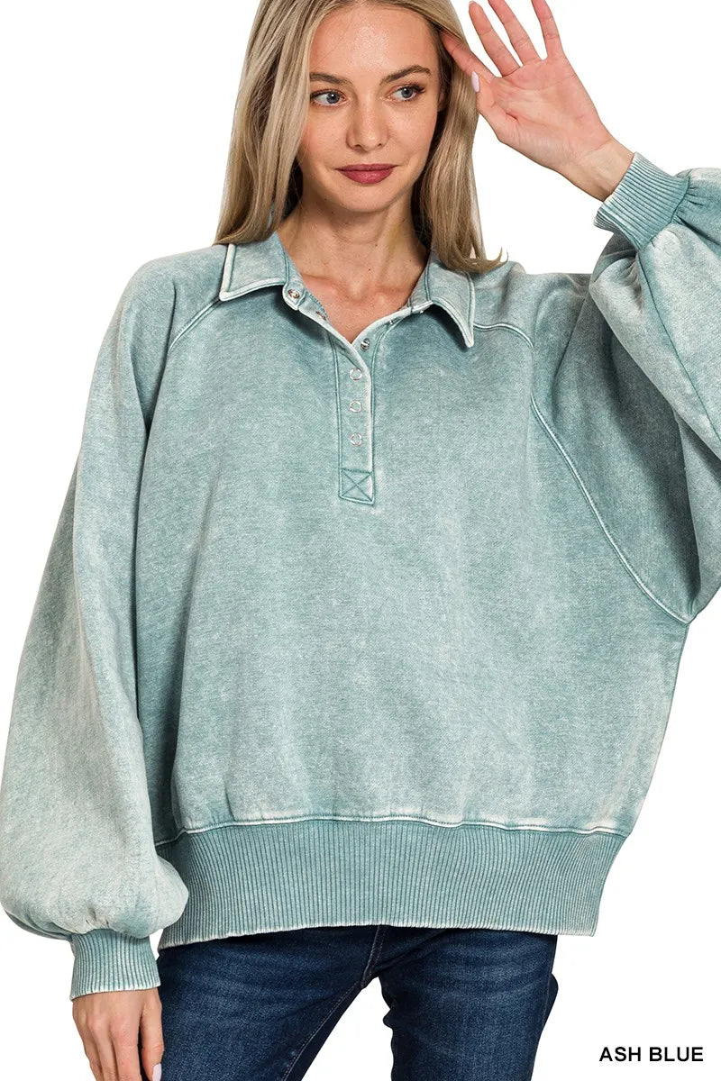 Zenana Acid Wash Fleece Collared Sweatshirt