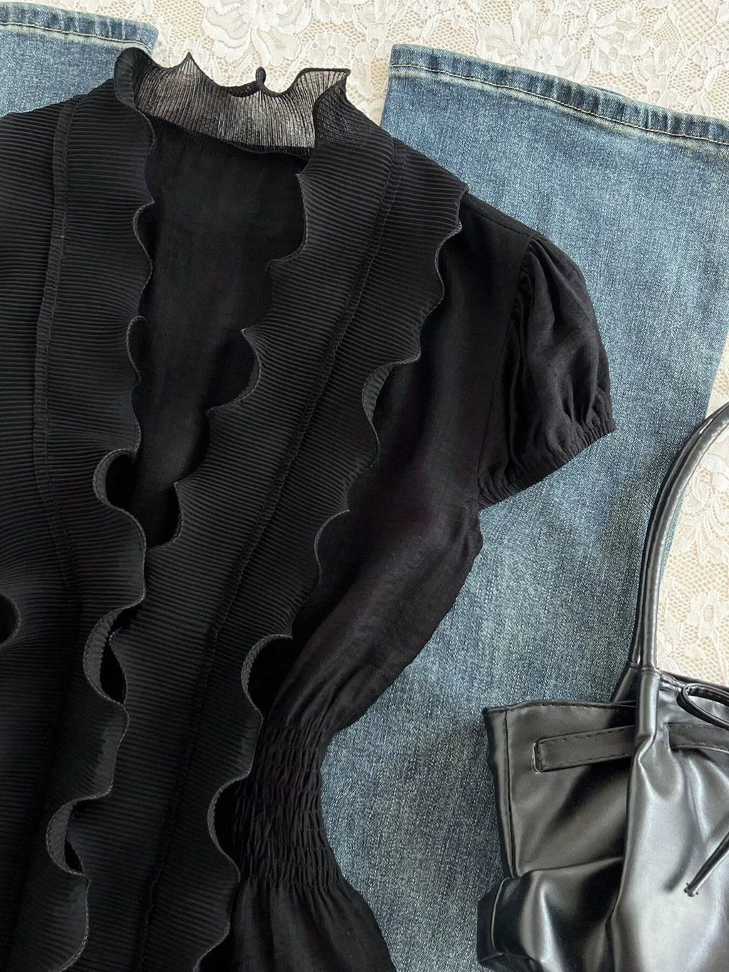Ruffled V-Neck Blouse with Smocked Waist