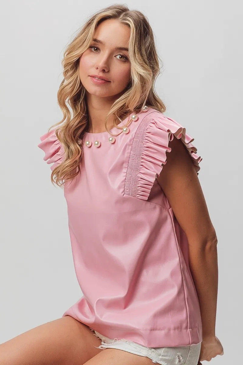BiBi Leather Smocked Ruffled Top