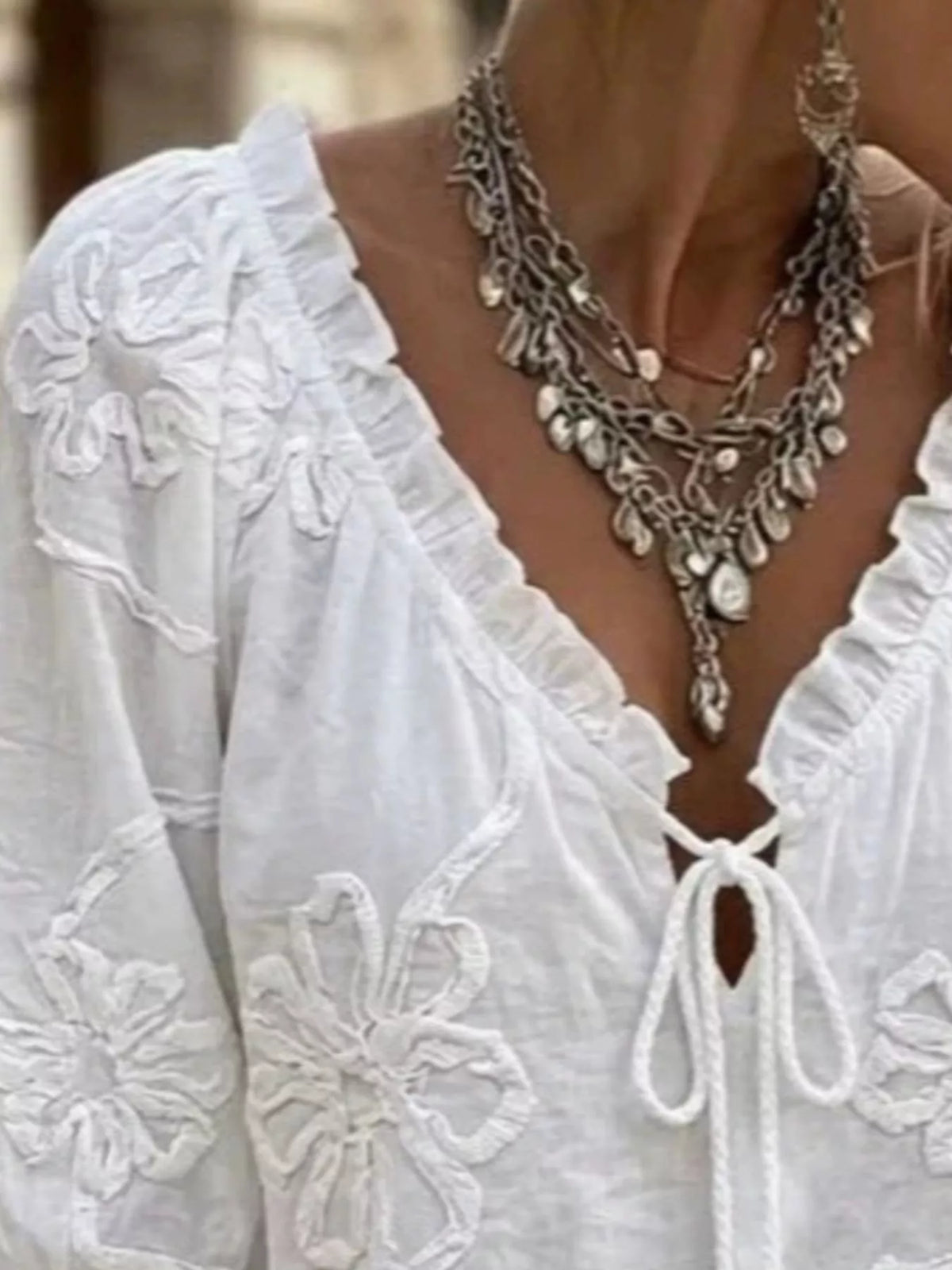 Full Size Flower Tie Front 3/4 Sleeve Blouse Plus Size