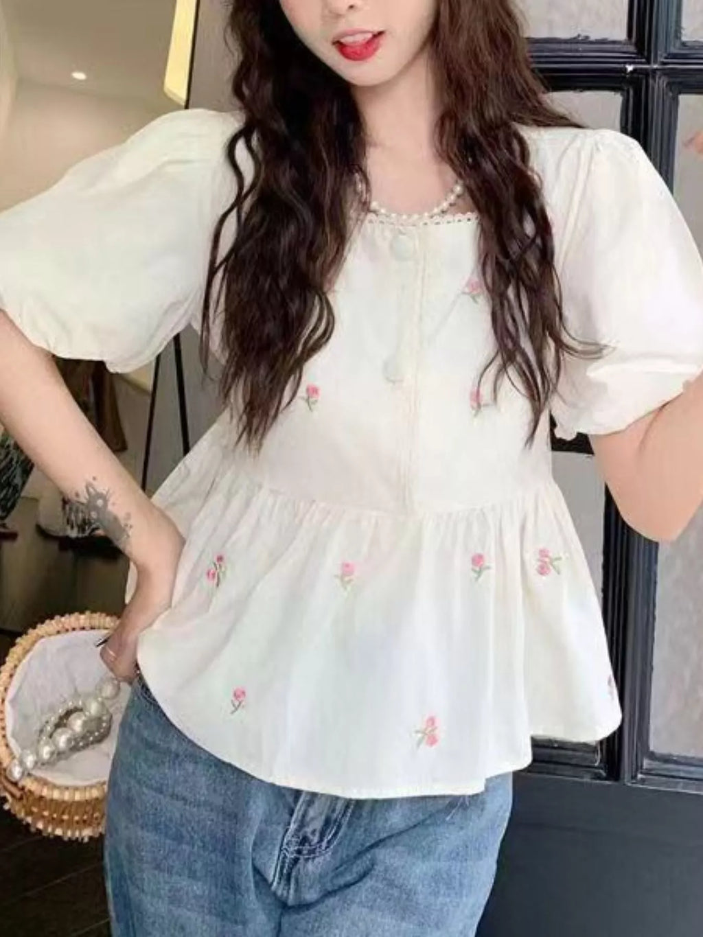 Floral Embroidered Puff Sleeve Peplum Blouse