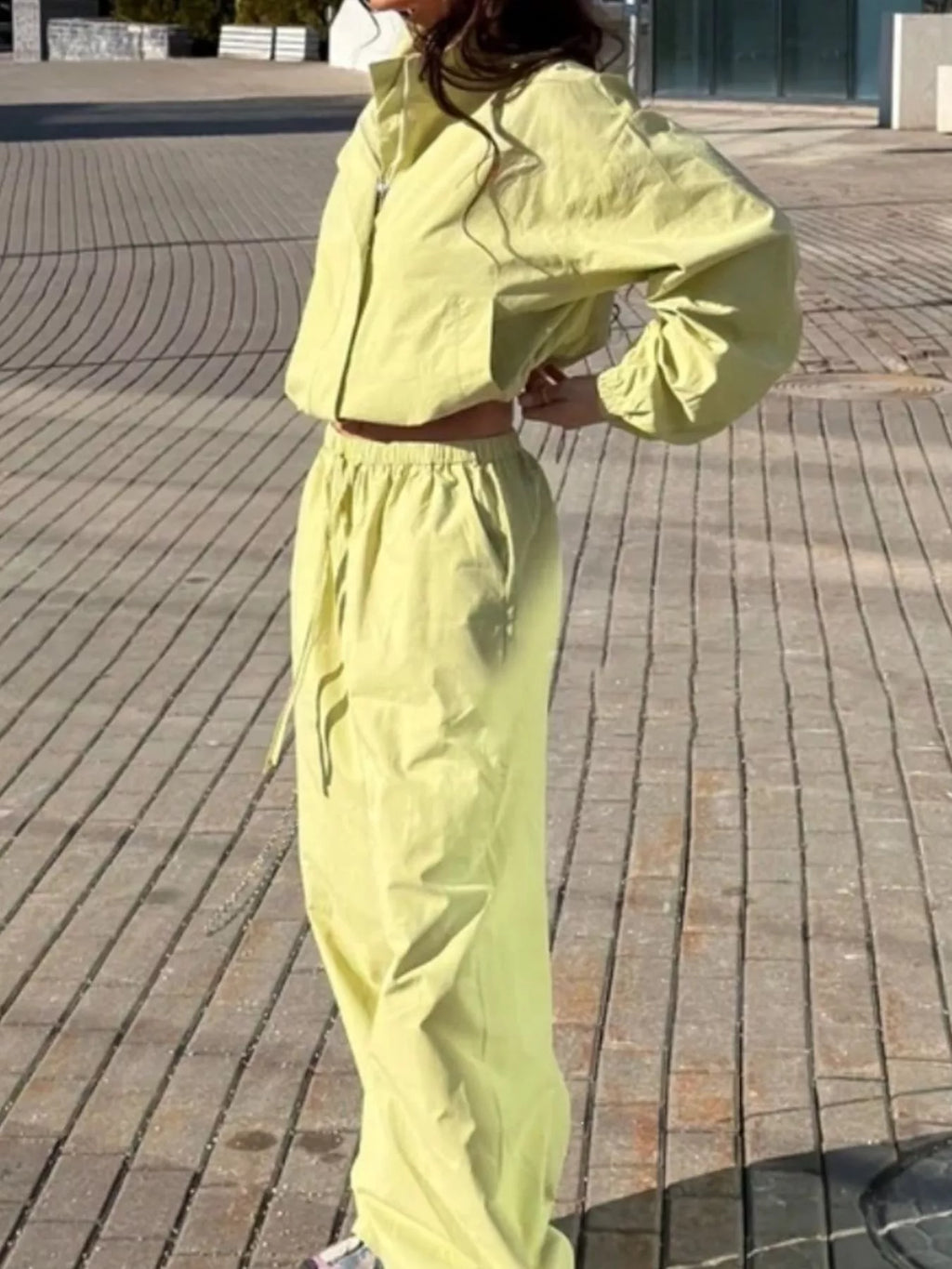 Drawstring Hem Crop Jacket and Wide-Leg Pant Set
