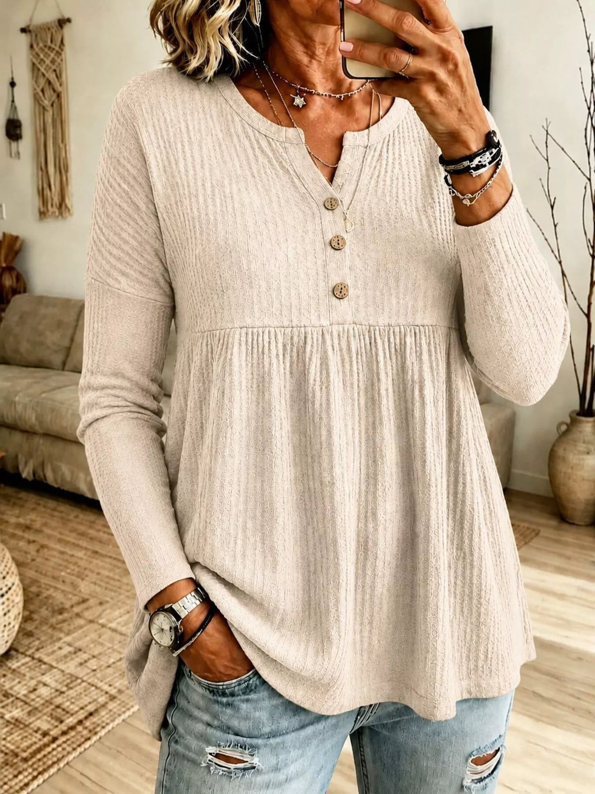 Button Detail Knitted Casual Top