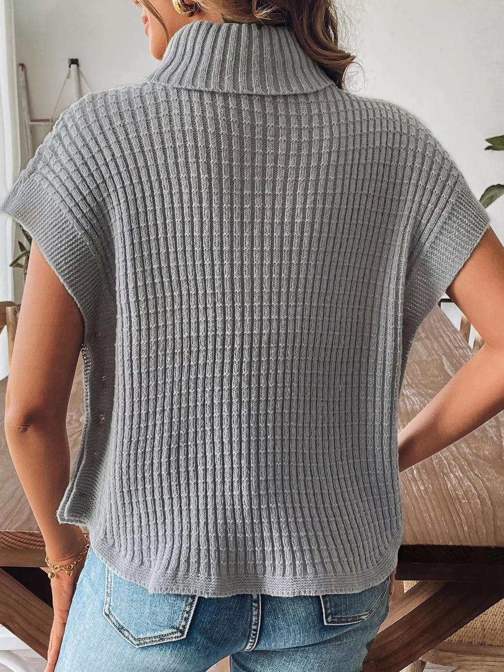 Ribbed Turtleneck Sweater with Side Button Detail
