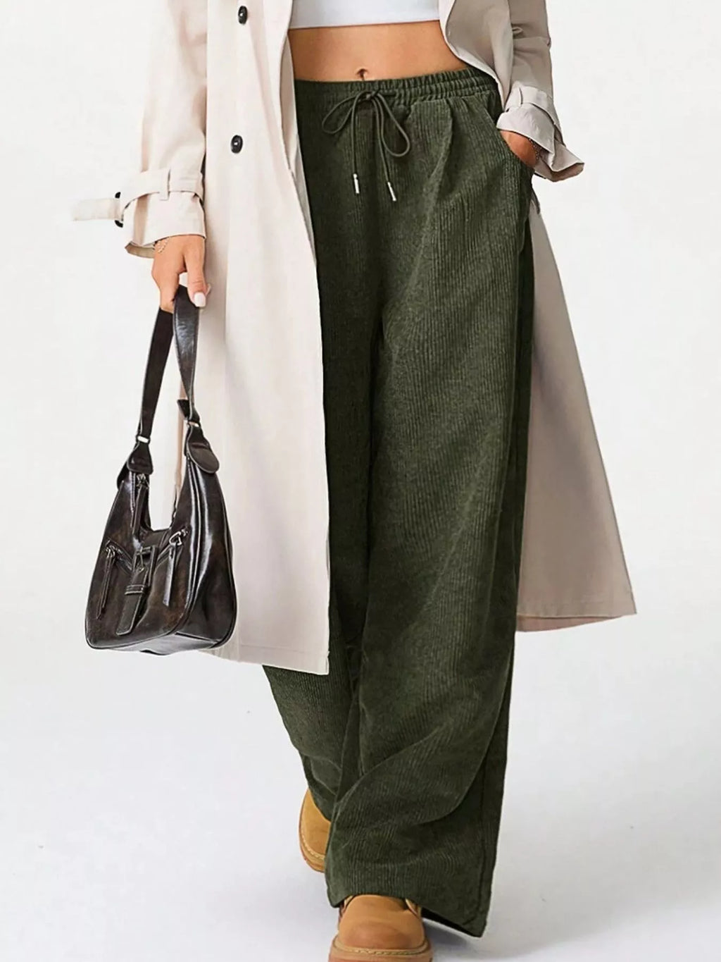 Wide Leg Corduroy Drawstring Pants