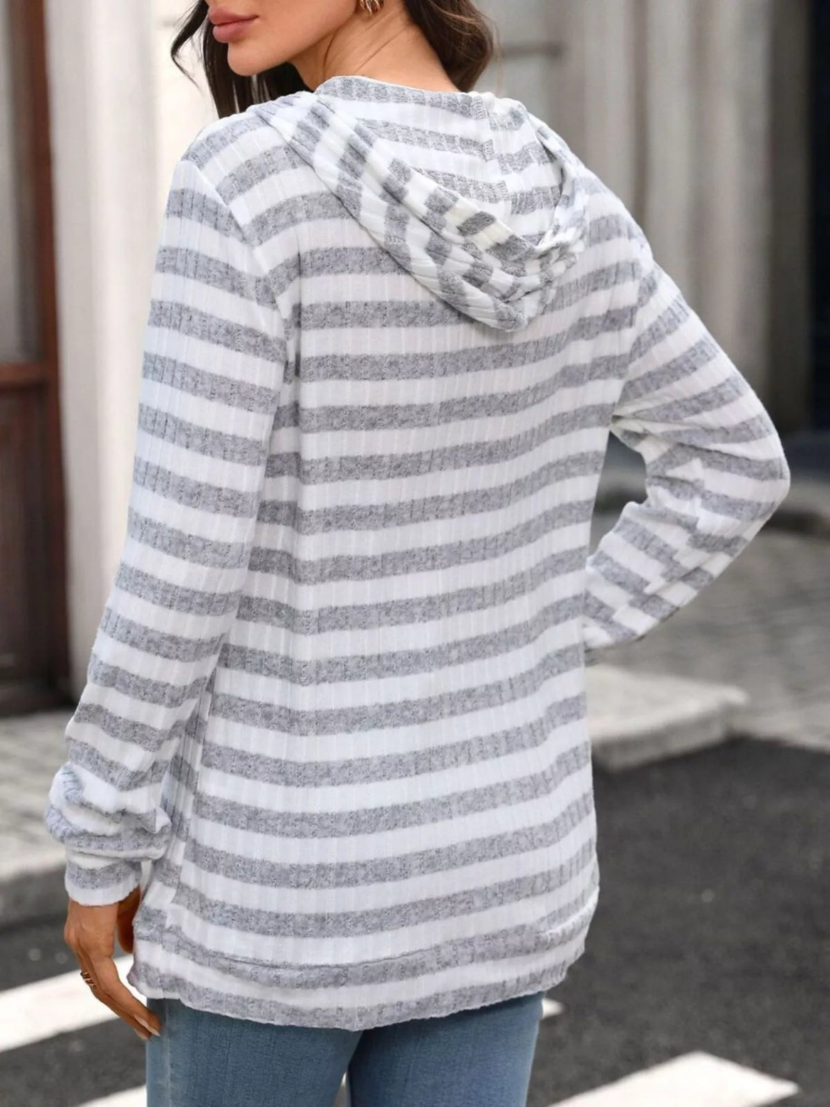 Casual Striped Ribbed Knit Hoodie with Kangaroo Pocket