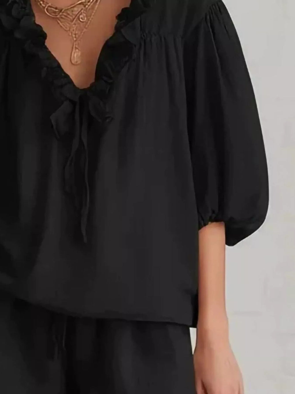 Ruffled V-Neck Blouse and Shorts Set