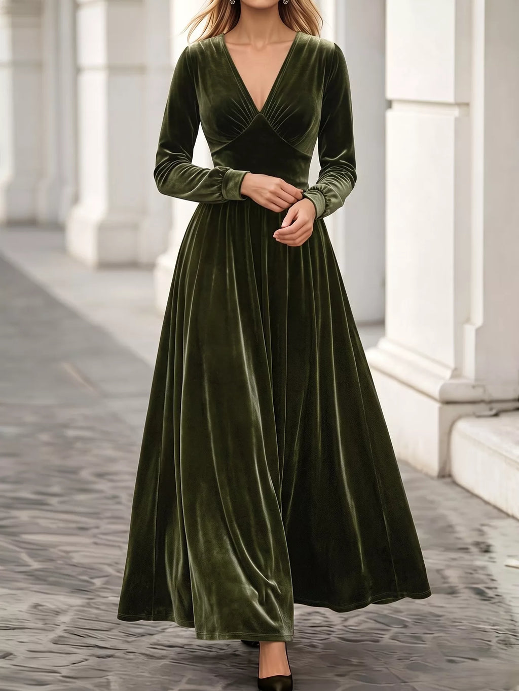 Plus Size V-Neck Long Sleeve Velvet Maxi Dress